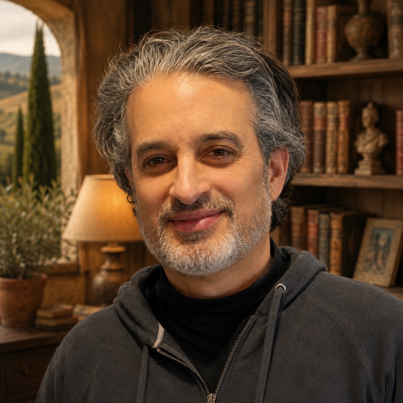 Joseph J. Valeri, smiling, in a study with a window overlooking Tuscan hills and a bookshelf behind him